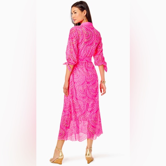Lilly Pulitzer Amrita Midi Shirtdress in Pink Isle Swirly Fern Scalloped… - Picture 9 of 13